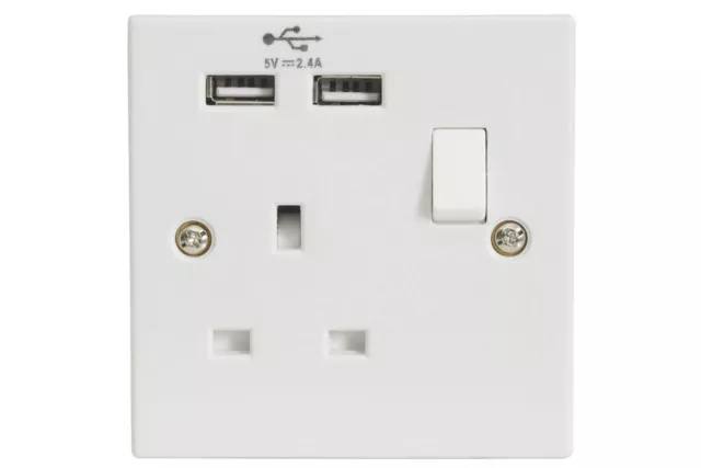 1 Gang Single Switched Mains Plug Wall Socket 13A with 2x 2.4A Amps USB Ports