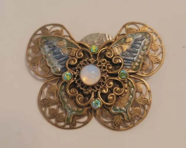 Vtg Victorian Style Butterfly Pin Rhinestones Faux Opal Enamel Mixed Metal