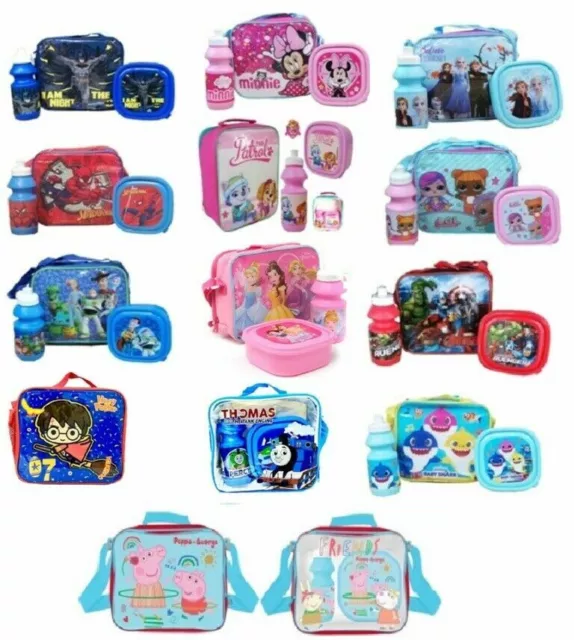 Boys Girls Kid Character Disney Insulated 3 piece Lunch Bag Set Box School Food