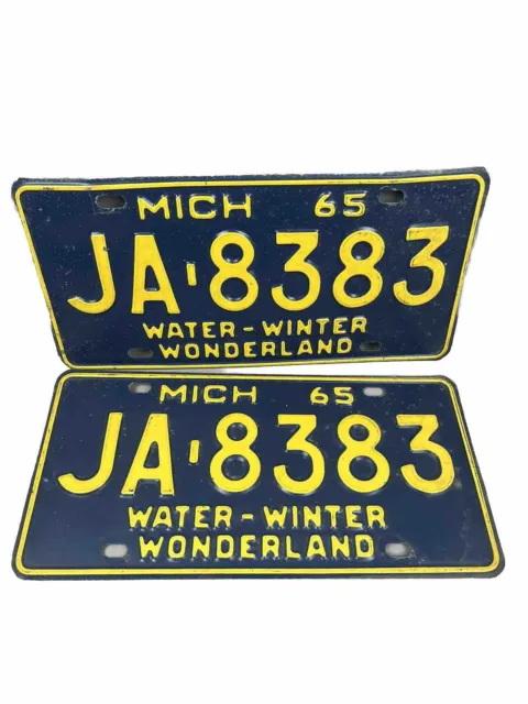 1965 Michigan License Plate Pair JA-8383 Water Winter Wonderland