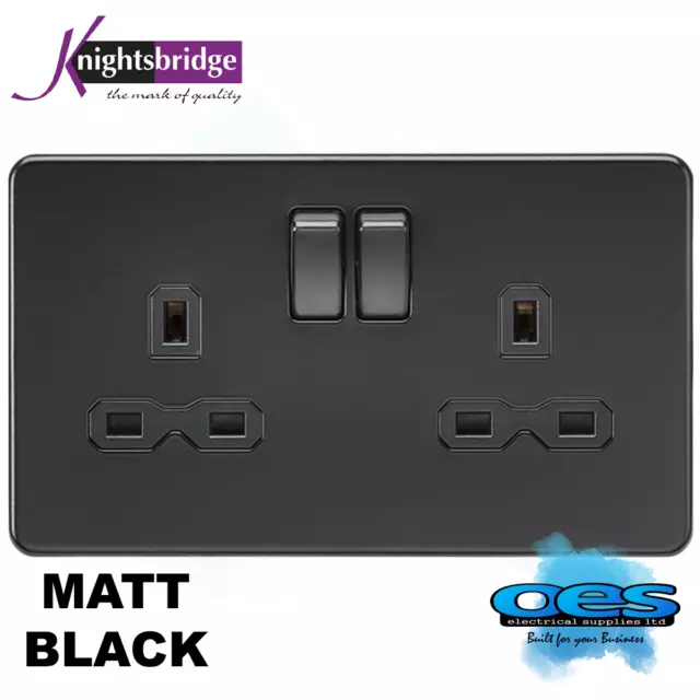 Knightsbridge Screwless Flatplate 13Amp 2 Gang Switched Socket Matt Black Black