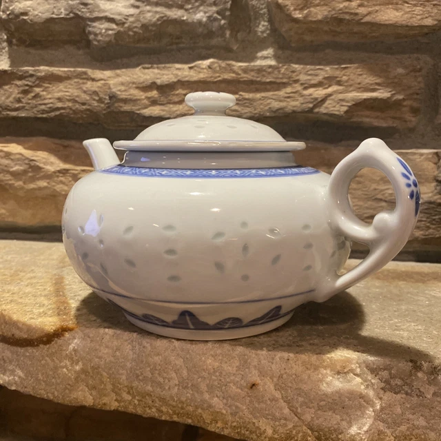 Vintage Chinese Rice Grain Blue White Porcelain Tea Pot