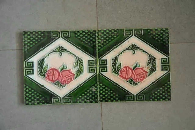 2 Pc Vintage F.M Fish Mark Rose Flower Embossed Ceramic Tiles,Japan