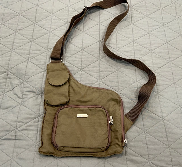 Baggallini Crossbody Uptown Sling Bag Brown Nylon Travel Organizer Zip Pocket