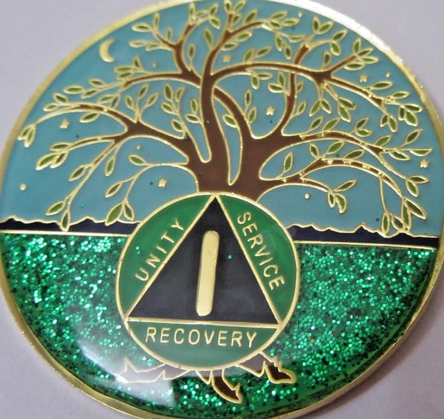 Alcohólicos Anónimos 1 año medallón moneda azul árbol verde brillante ficha