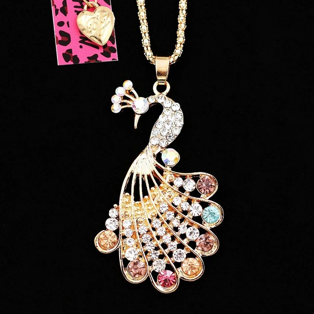 Betsey Johnson Jewelry Crystal Rhinestone Peacock Pendant Sweater Chain Necklace