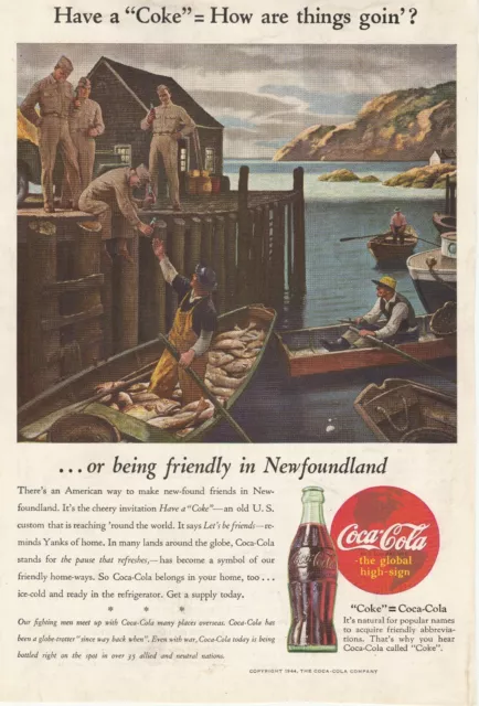 Coca Cola Print Ad Military Boat Fish Lake WWII Global High Sign Army Dock 1944