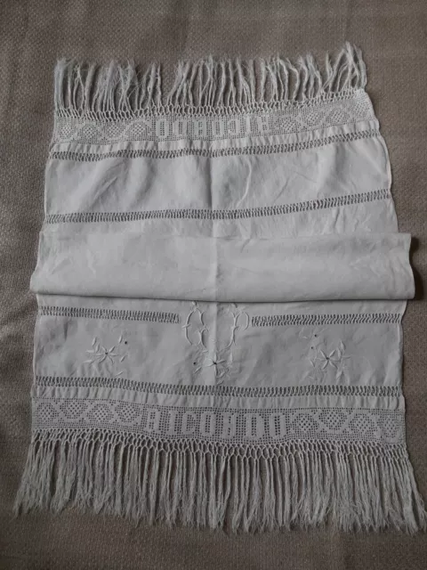 Antique Hand Tea Towel Linen Monogram Hemstitched Off White Fringe Lace Floral 2