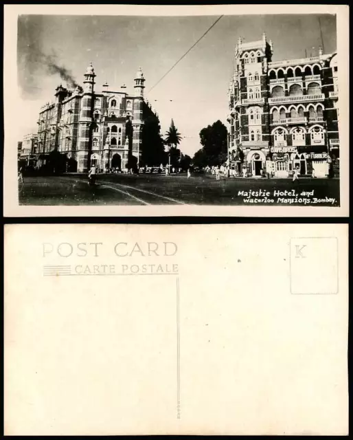 India Old R.P. Postcard Majestic Hotel and Waterloo Mansions Bombay Street Scene
