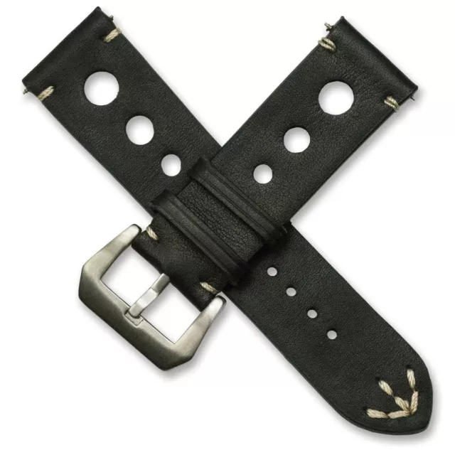 Black Mens Rally Racing Watch Strap Sports Genuine Calf Leather stitched band