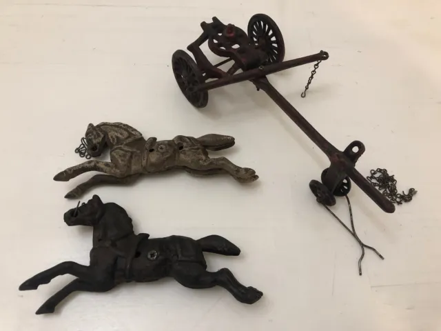 Antique Cast Iron Horse Drawn Toy Cart With 2 Horses For Repair