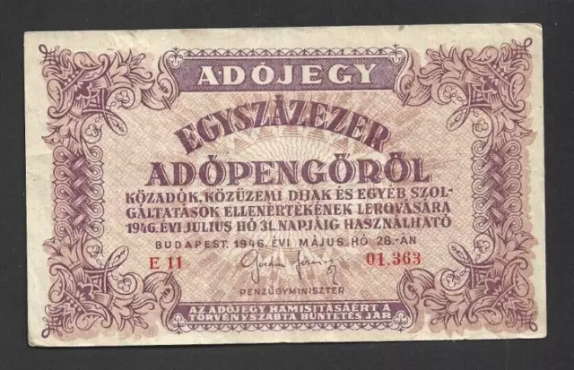 100 000 ADOPENGO VERY FINE BANKNOTE FROM HUNGARY 1946 PICK-144a WITH SERIAL