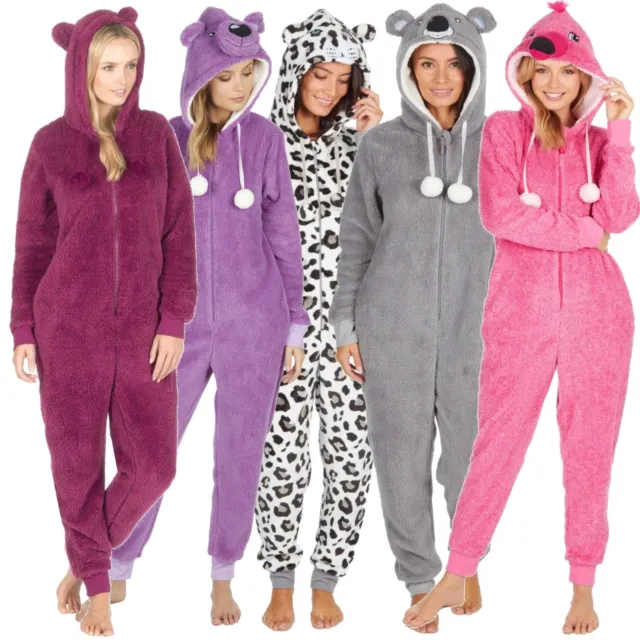 Ladies 1Onesie Hooded All in One Pyjamas Novelty Animal Fleece Zip Girls Pajama