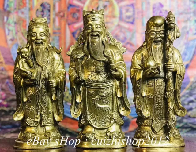14" Old Chinese Brass 3 Longevity God Fu Lu Shou Life immortal Sculpture Set