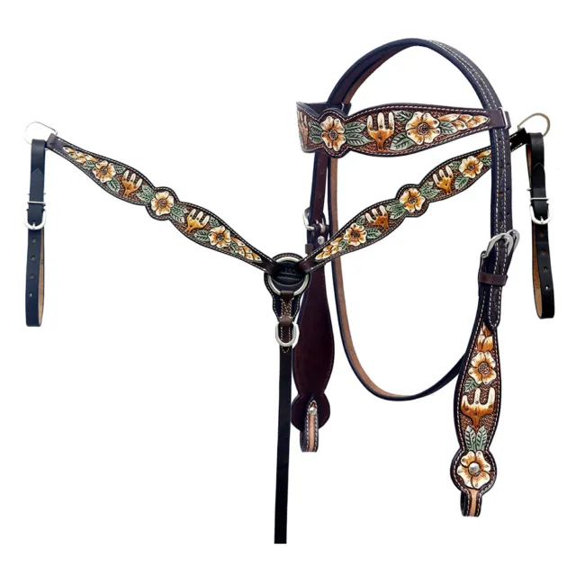57RK Hilason Western Horse Floral Hand Carved Headstall Breast Collar Set