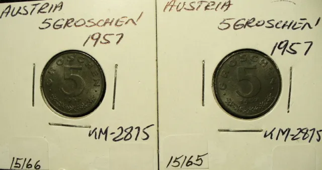 Two Austria 1957 5 Groschen Uncirculated Coins