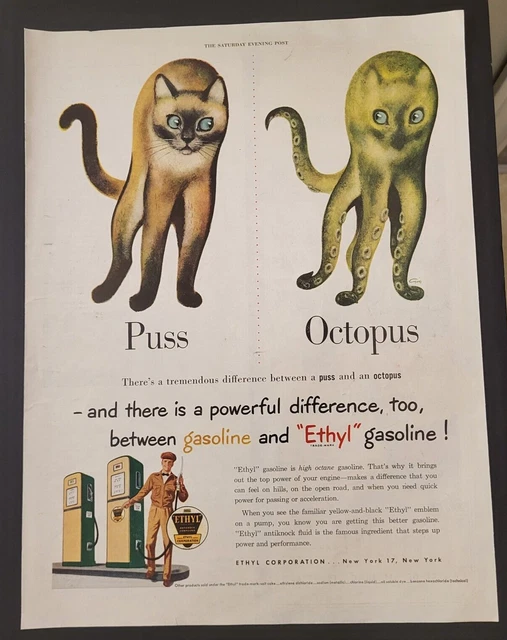 Ethyl Gasoline Puss Octopus Siamese Cat Dec 23 1950 Print Ad