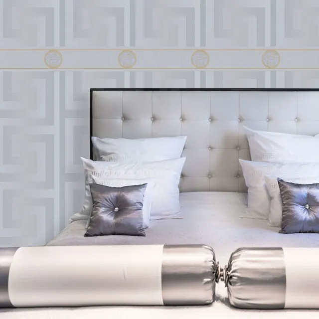 Silver Versace Wallpaper & Border Luxury Satin Modern Greek Key Gold Designer