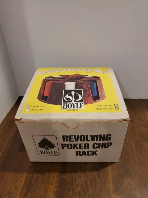 Vintage Revolving Hoyle Poker Chip Rack Caddy with Chips In Original Box Walnut