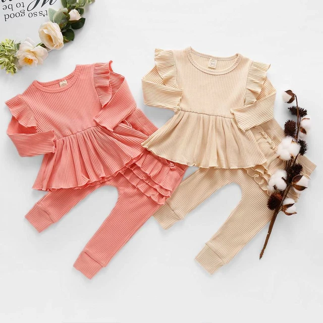 2PCS Toddler Baby Girl Ruffle Ribbed Outfits Long Sleeve Tops Pant Set Clothes