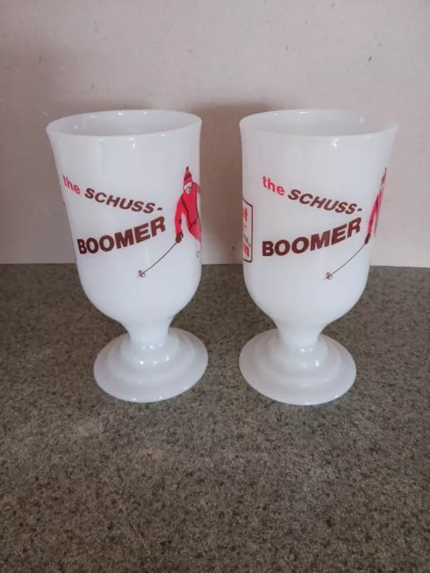 Two Vintage Schuss Boomer Milk Glass Pedestal Mugs Hot Dr. Pepper & Bacardi Rum