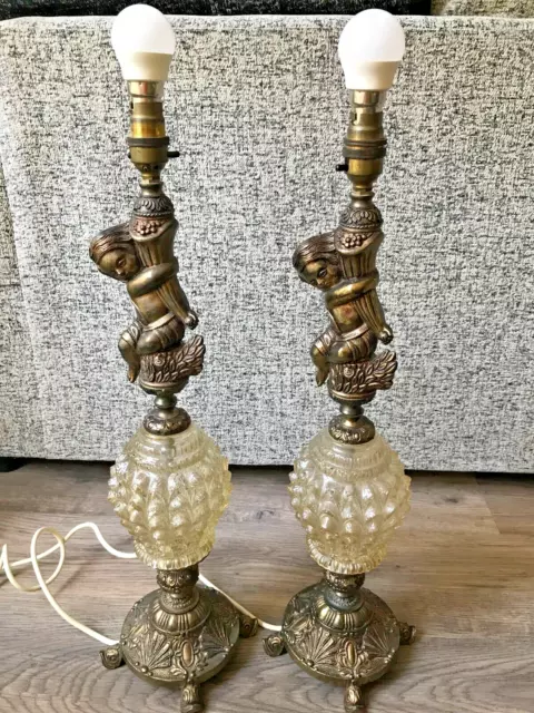 Rare Vintage Possibly Antique Pair of Brass & Glass Cherub Lamps