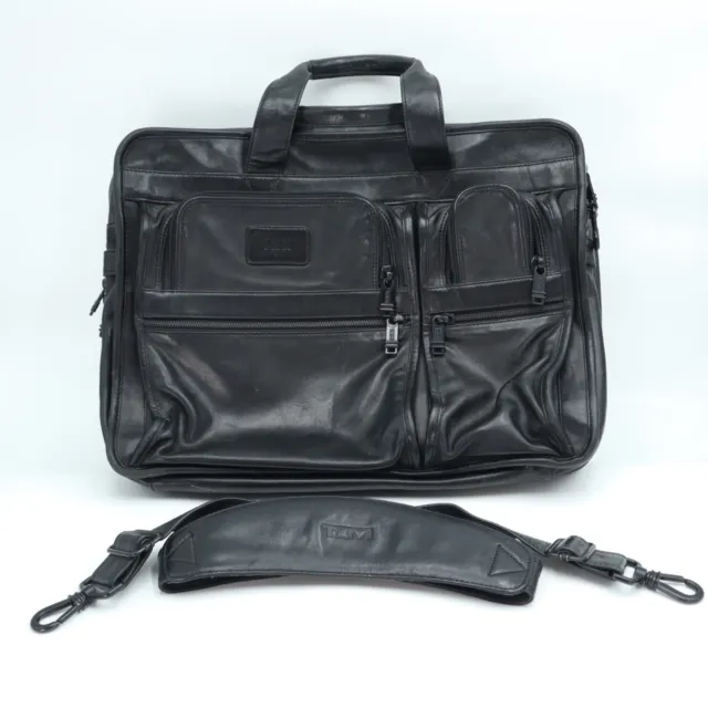 TUMI Black Leather Alpha Expandable Laptop Bag Travel Messenger Shoulder Strap
