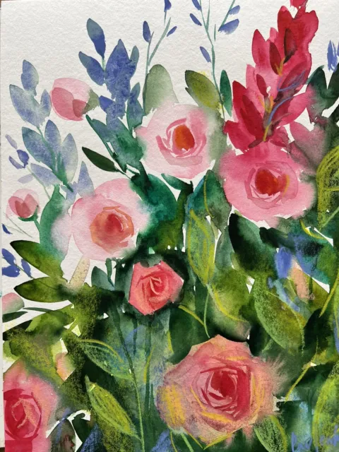 Original  Aquarell Malerei Gemälde Landschaft Aquarellbild Blumen Rosen