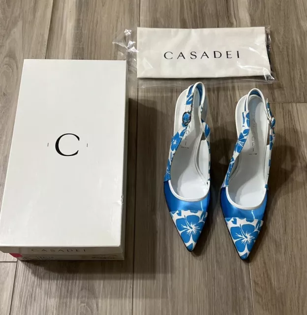 Casadei Women Floral Blue Textile Leather Slingback High Heels Sandals Size 7