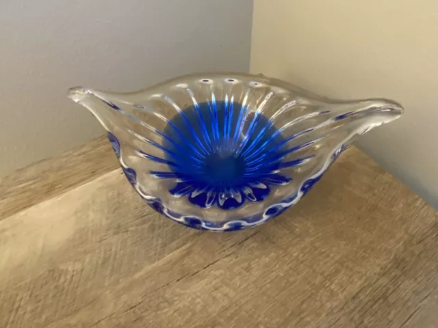 Blue And Clear Art Glass Bowl Candy Dish 8” Beautiful Sculptural