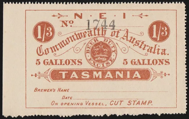 TASMANIA Beer Duty 1903 Crown 1/3 'NEI' 5 Gallons, smaller size. Rare so nice.