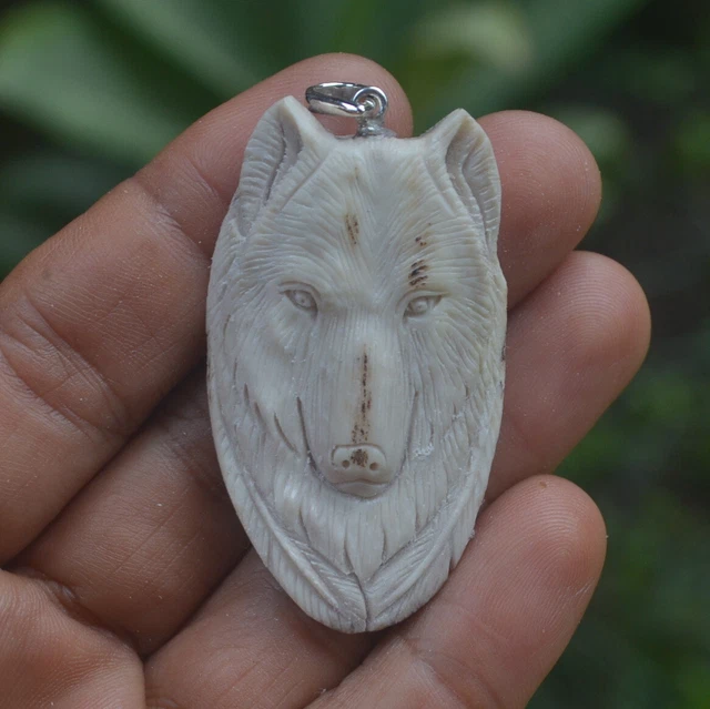 Wolf Head Carving 52x31mm Pendant P5727 with Silver in Antler Hand Carved