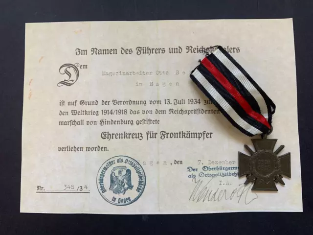 Wwi German. Hindenberg Cross & Certificate Of Issue -:-  Nice Genuine Condition.