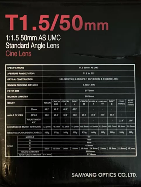 Samyang T1.5/50mm AS UMC Standard Angle Cine Lens, 6 Groups/ 9 Elements 3