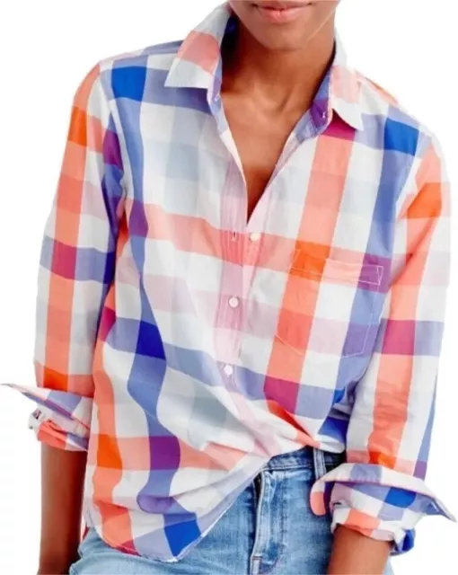 J. Crew Popover Shirt Plaid Orange Blue Cotton Size 4 S Long Sleeve