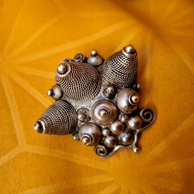 Broche Pendentif Ancien En Argent Massif 925, Style Art Déco Ethnique