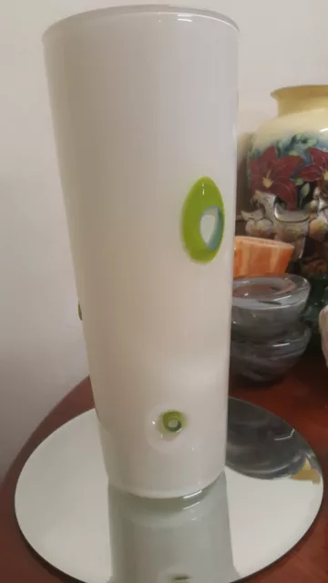 Large 32cm  Cased White Art Glass Vase With green and blue accents .Signed.