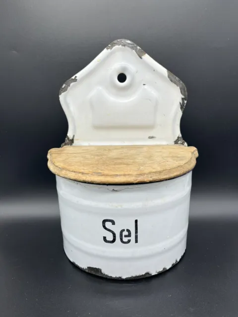 Antique French Enamel Graniteware Salt Box Wood Lid Stamped Sel