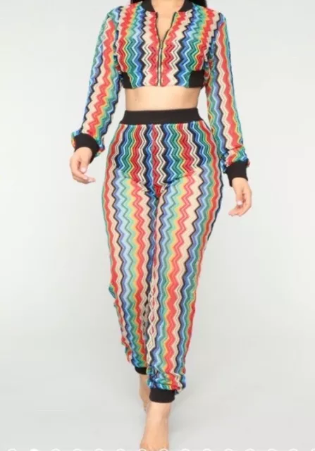 FASHION NOVA Rainbow Track Suit Size 1X Crop Jacket High waist joggers Cover up