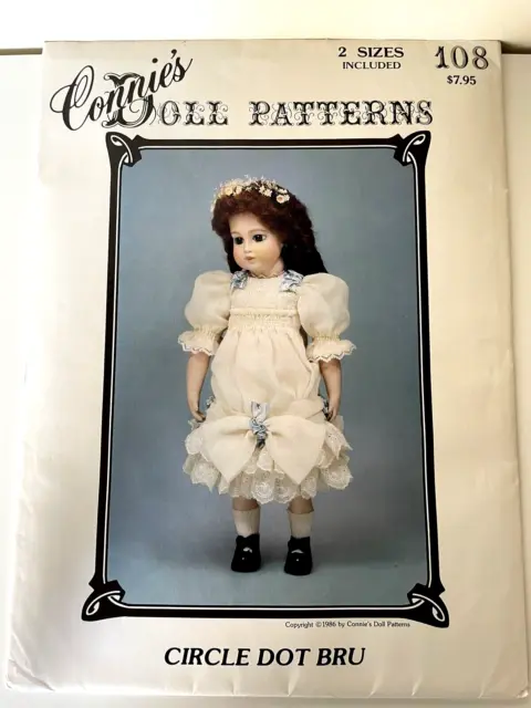 Connie's Doll Patterns #108 Circle Dot Bru 14" & 19 1/2" Girl Dress Vintage 1986