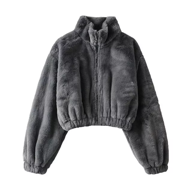 Damen Kunstpelz Gekürzt Mantel Warme Jacke Plüsch Fell Zipper Stehkragen Thermal