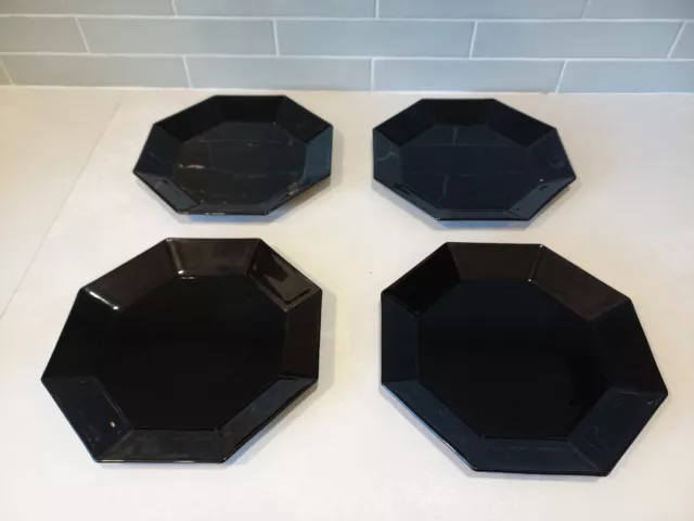 Set Of 4 French Vintage Arcoroc Black Glass Side Plates 22cm Across Art Deco