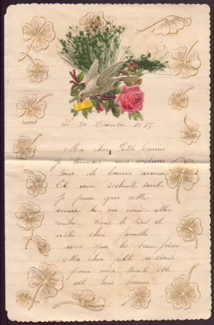 Lettre manuscrite avec decoupis " Colombe, rose et feuillage " 1915