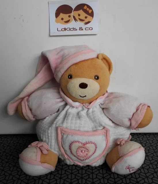 Doudou Peluche KALOO OURS BOULE BLANC ROSE COEUR GRELOTS 16 cm - D1137
