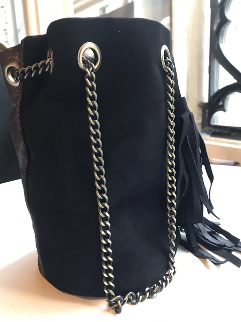 Sac Bandoulière MANOUKIAN 'Panache' En Cuir Daim Véritable Noir - Neuf Avec étiquettes