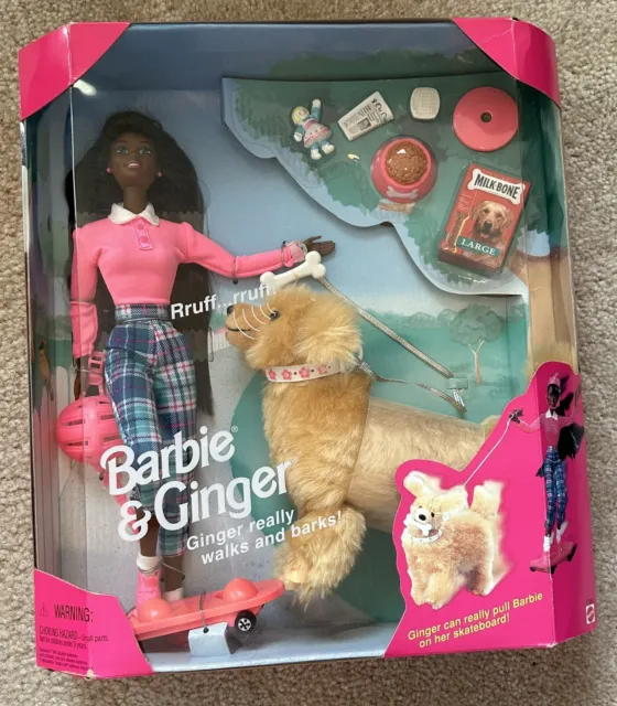 1997 Barbie Doll And Ginger Pet Dog Really Walks & Barks #17369 NRFB Milk Bones