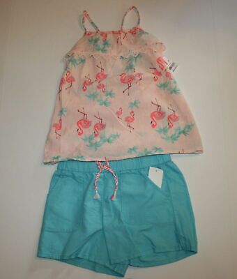 New OshKosh 10 year Girls 2 piece Outfit Top & Shorts Pink Flamingo Bird & Teal