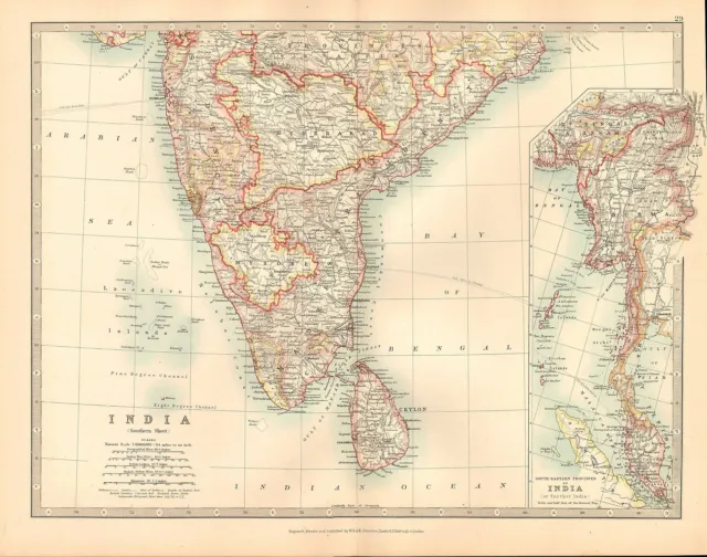 1911 Large Victorian Map ~ India Southern Section ~ Mysore Madras Burma Ceylon