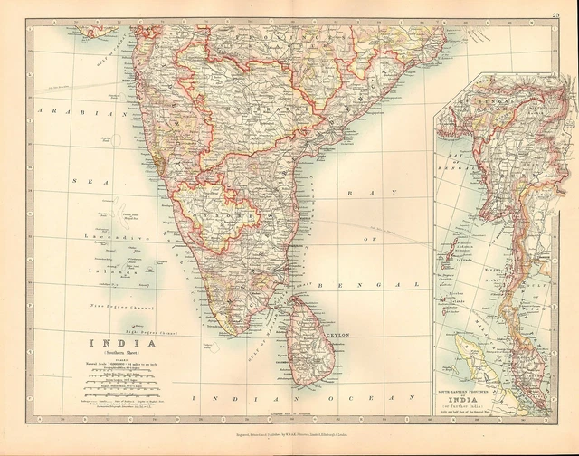 1911 Large Victorian Map ~ India Southern Section ~ Mysore Madras Burma Ceylon