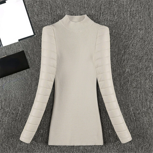 Donna Maglione Similpelle Maniche Maglia Patchwork T Camicia Camicetta Top